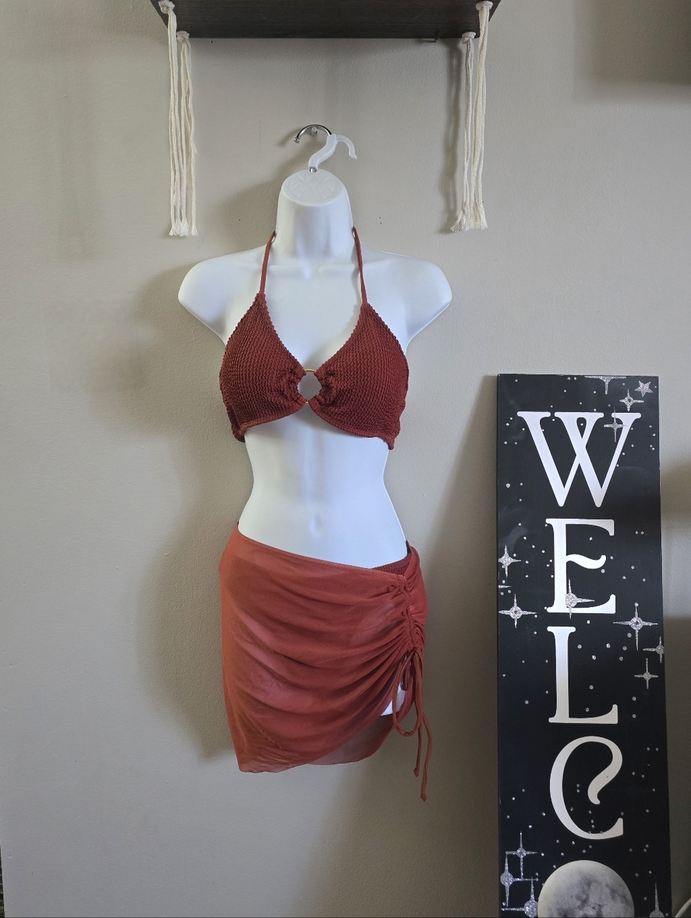 Rust Red Textured Halter Bikini Top with Ruched Skirt Set